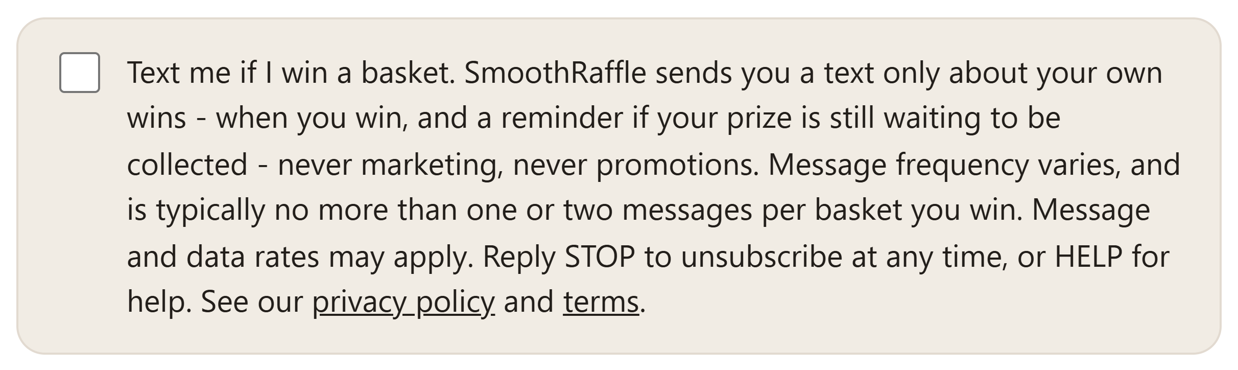 The text-message checkbox on the SmoothRaffle signup form, unticked, with the consent wording beside it